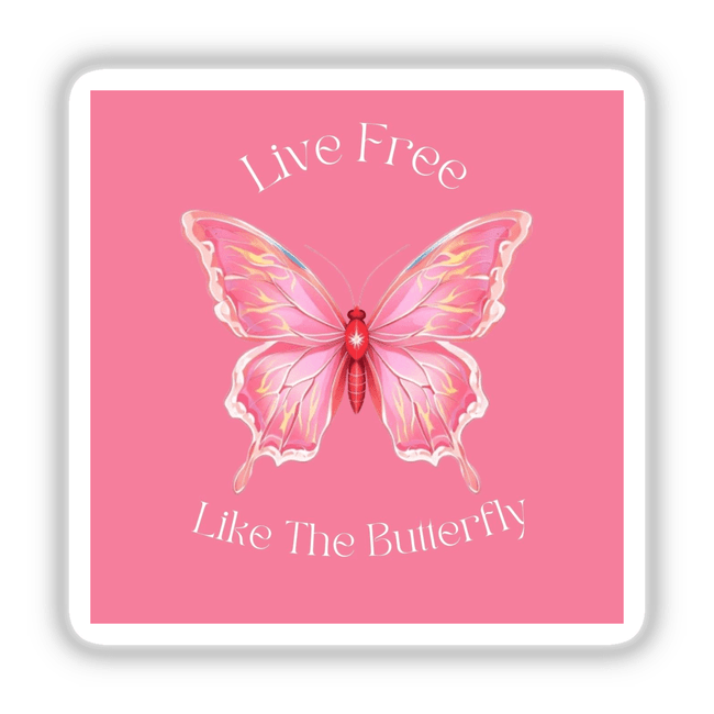 Live Free Butterfly Sticker featuring a detailed pink butterfly with intricate white and yellow designs, capturing the unique style of Decal Venue's vinyl sticker and digital art collection.