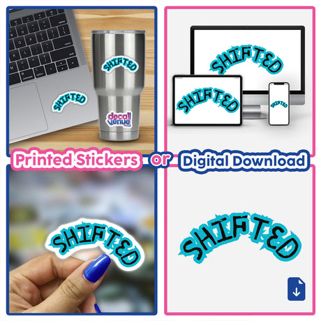 Collage featuring Shifted- in Aquamarine stickers on a laptop, showcasing vibrant digital artwork options available as stickers or digital downloads from Decal Venue.