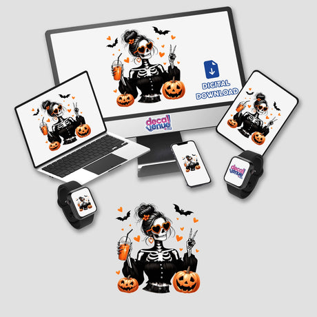 Halloween Skeleton Zombie Girl Bats and Hearts digital artwork displayed on a laptop, computer, tablet, phone, and smartwatch, featuring a skeleton theme with pumpkins and drinks.