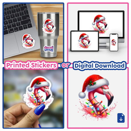 Santa Flamingo in Christmas Lights sticker featuring a festive flamingo adorned with a Santa hat and wrapped in Christmas lights, available as both a sticker and digital artwork from Decal Venue.