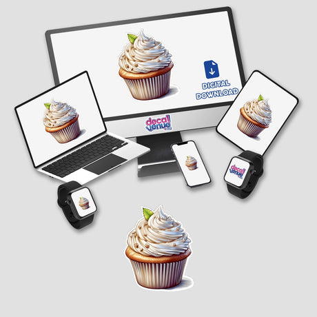 Creamy cupcake artwork displayed on various digital devices from Decal Venue, a store offering unique stickers and digital art.