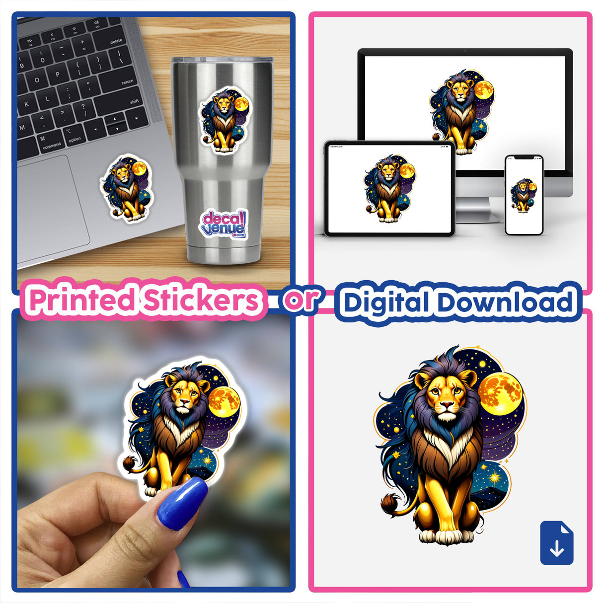 Cool Lion With A Starry Night sticker featuring a lion with a colorful mane, available as a sticker or digital artwork. Perfect for laptops or cups, showcasing unique design.