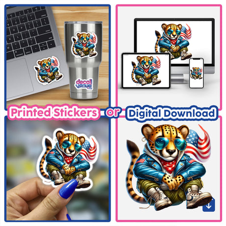 Patriotic Leather Cheetah Aviator Sunglasses - Digital artwork featuring a cheetah character wearing sunglasses and an aviator jacket with a patriotic design, displayed on various digital devices and as a printed sticker.