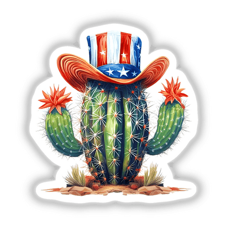 Patriotic Cactus - Unique digital artwork featuring a vibrant cactus plant adorned with a patriotic top hat, surrounded by colorful desert flora.