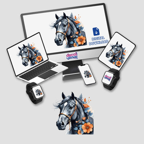 Horse Portrait Floral Accents PA13 digital artwork displayed on various devices, including a computer monitor, laptop, phone, tablet, and smartwatch, available as stickers or digital art.