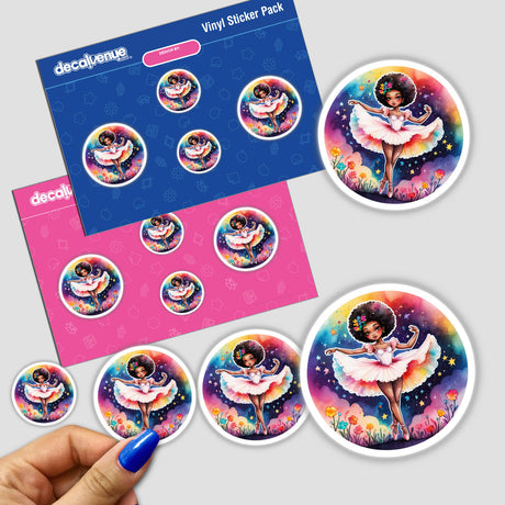 Afro Ballerina Dancing Among Night Stars sticker pack, featuring multiple cartoon ballerinas, with a hand holding one sticker. Perfect for unique decoration or digital artwork.