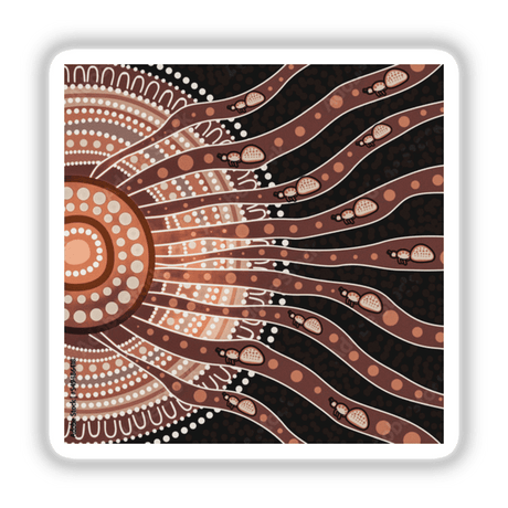 Aboriginal flower artwork featuring a sun surrounded by various animals and intricate patterns, available as stickers or digital artwork from Decal Venue.