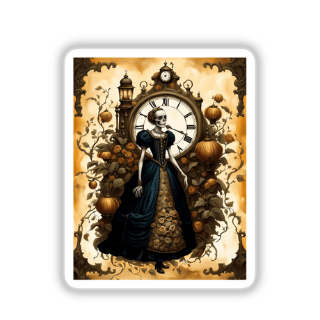 Beautiful Bones: A card featuring a skeleton in a dress holding a clock, illustrated in a cartoon style. Available as stickers or digital artwork.