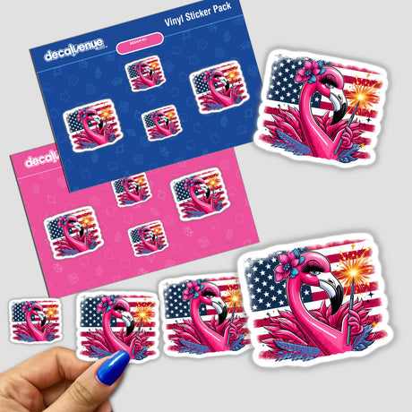 Patriotic Flamingo Bird with Sparklers - Vibrant Digital Artwork Sticker Pack from Decal Venue, featuring a colorful flamingo design with American flag elements.