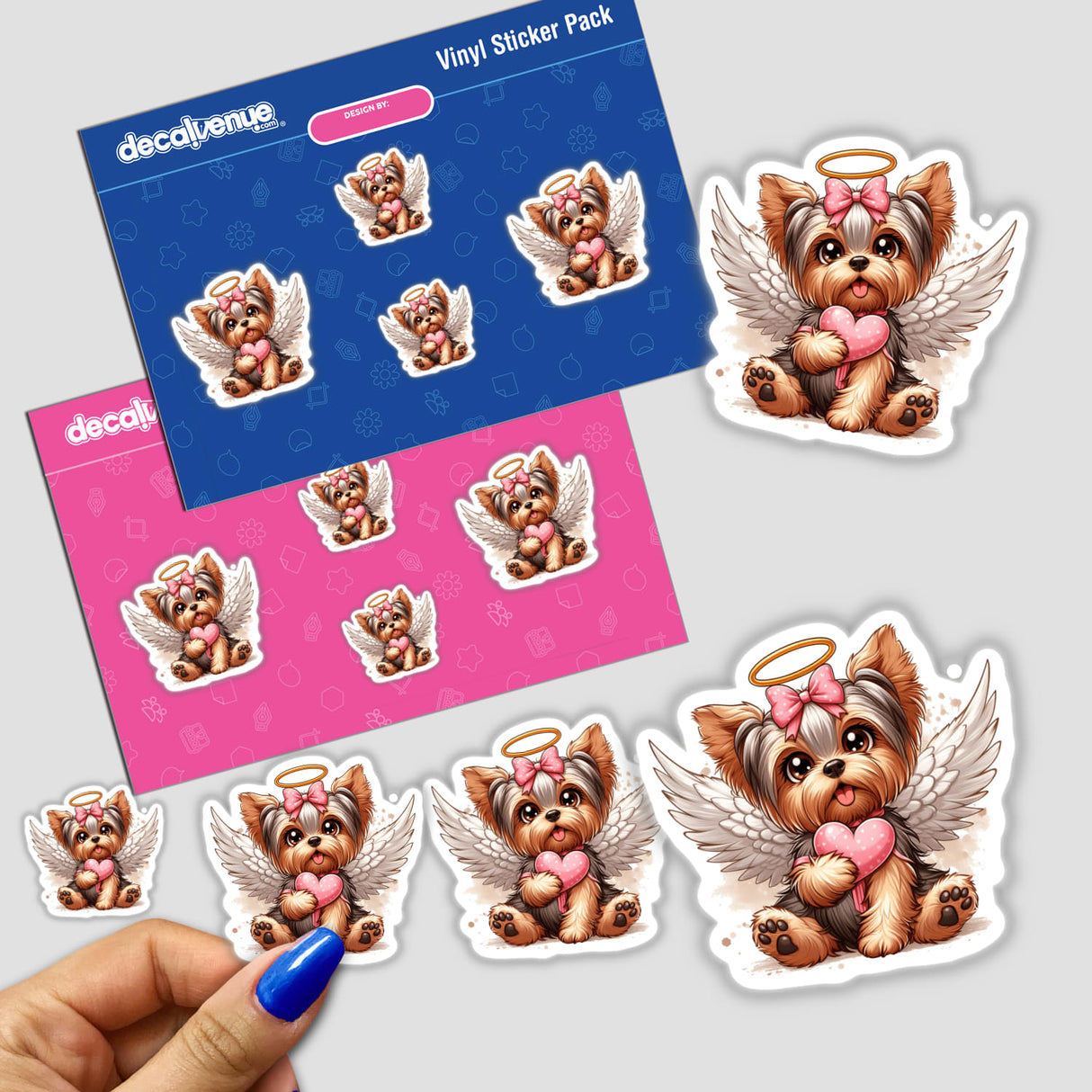 Yorkie Angel Dog Holding Heart sticker features a cartoon dog with angel wings and a pink heart, available as stickers or digital artwork from Decal Venue's unique collection.