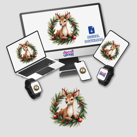 Reindeer in a Christmas Wreath digital artwork displayed on a laptop, computer monitor, and smartwatch, showcasing a cartoon deer surrounded by festive leaves and berries, available as stickers or digital art.