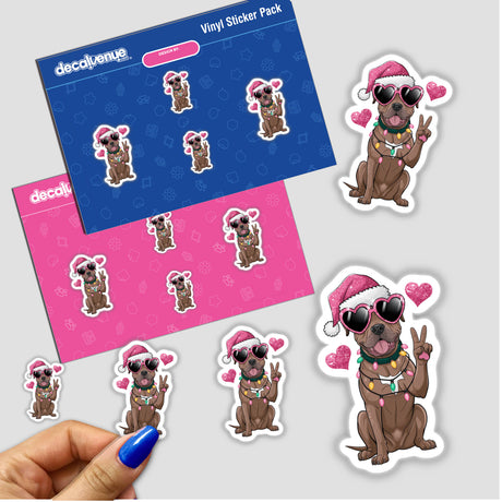 Christmas Santa Pitbull Dog Peace Sign sticker featuring a cartoon pitbull wearing a Santa hat and sunglasses, embodying a festive and playful spirit. Available as stickers or digital artwork.