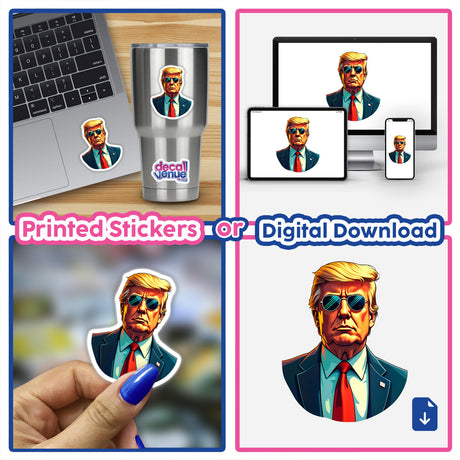 Collage featuring President Donald Trump as stickers and digital artwork, including a sticker on a laptop and a hand holding a sticker of Trump in sunglasses and suit.