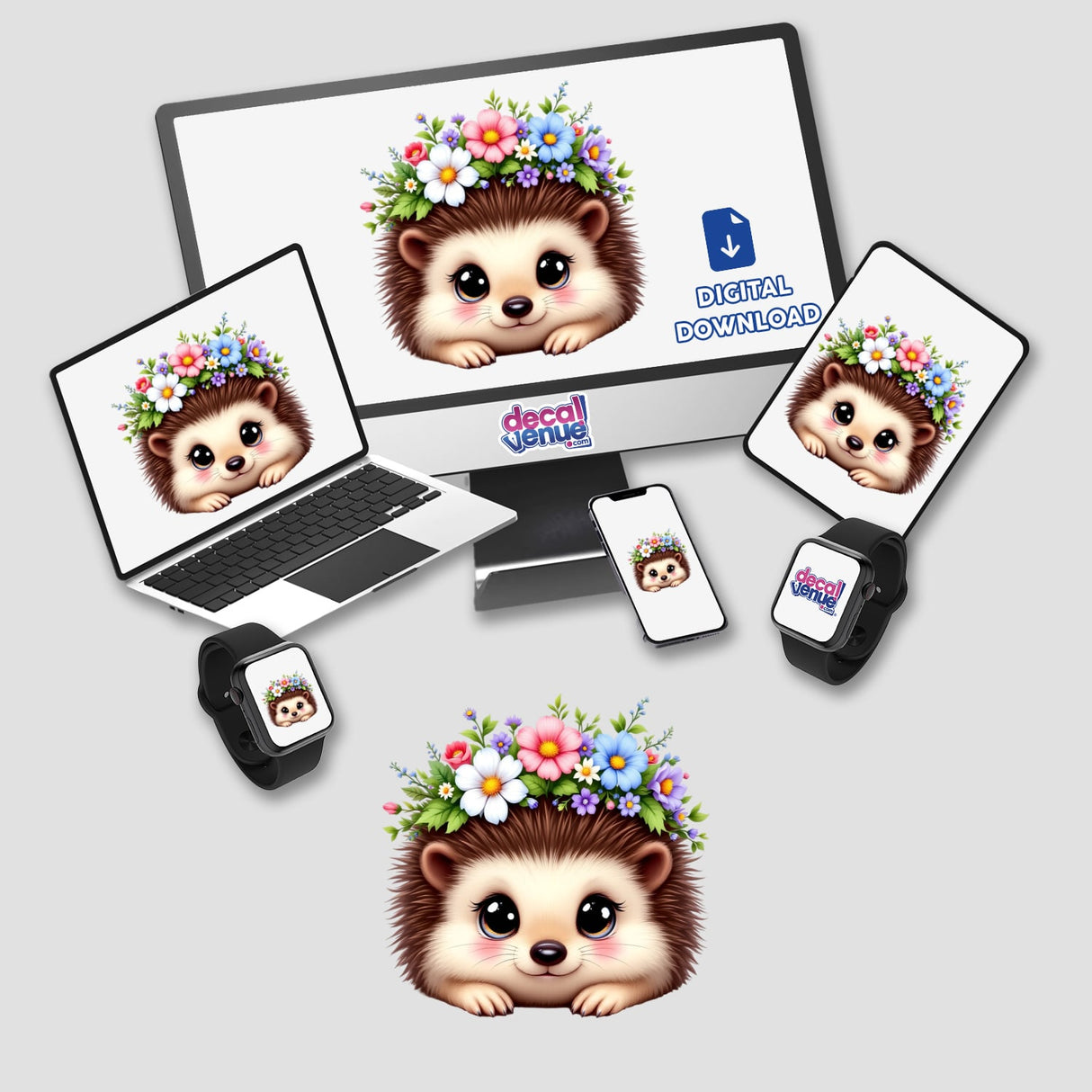 Sweet Hedgehog with a Flower Crown displayed on various devices, showcasing its charm as both stickers and digital artwork.