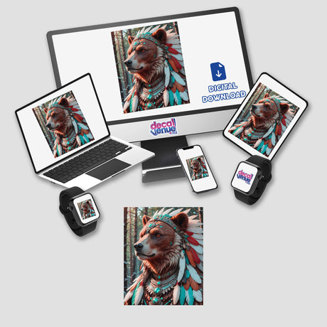 Native American Warrior Bear digital artwork displayed on a computer monitor and laptop, featuring a bear with a feathered headdress, available as stickers or digital art.