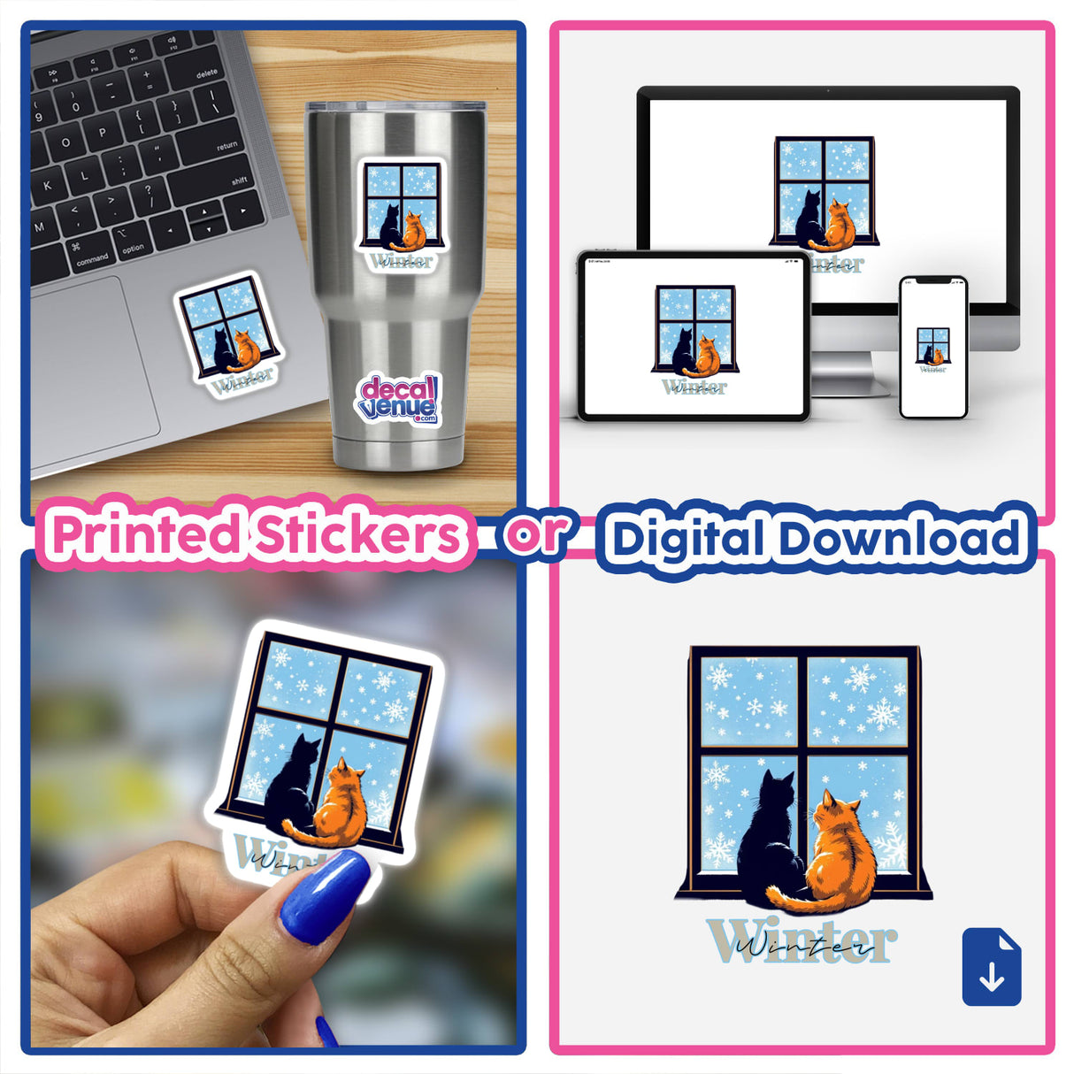 Collage featuring a laptop adorned with a Cute cats in Winter sticker, showcasing charming feline illustrations, available as vinyl stickers or digital artwork from Decal Venue.