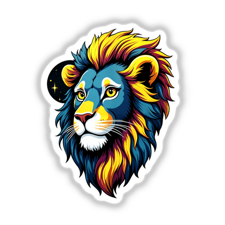 A Colorful Lion Head illustration available as stickers or digital artwork, showcasing intricate details like vibrant features and expressive yellow eyes, ideal for unique decor from Decal Venue.