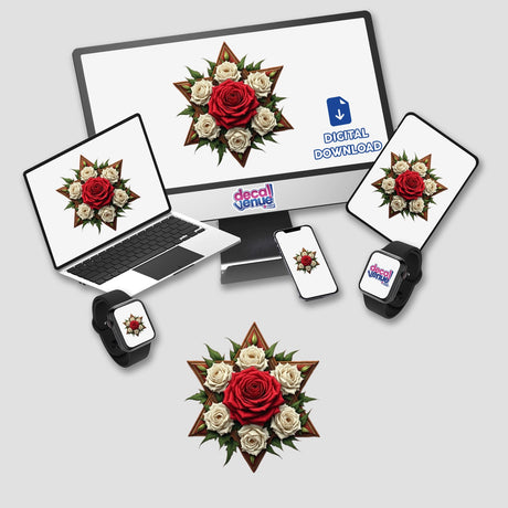 Floral Star of David Clipart - Stickers or Commercial Use Download; computer monitor and laptop displaying star-shaped floral designs with red and white roses.