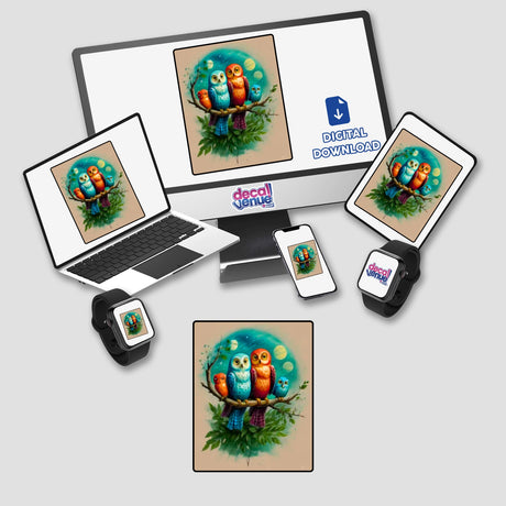 Colorful Family of Owls displayed on electronic screens, showcasing vibrant owl illustrations available as stickers or digital artwork, reflecting Decal Venue's unique collection.