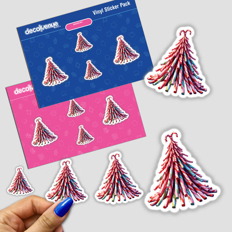 Christmas Candy Cane Pile sticker featuring candy canes arranged as a Christmas tree, held in a hand. Available as stickers or digital artwork from Decal Venue's unique collection.