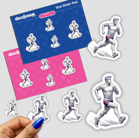 Man runner - Stylized vinyl stickers of a male runner displayed in the foreground against a colorful background, showcasing athletic fitness and active lifestyle themes.