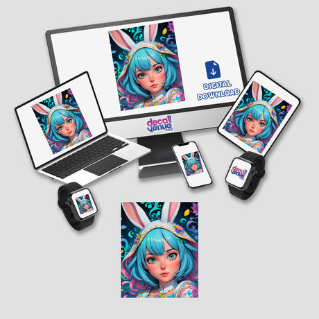 A Cute Easter Bunny Girl cartoon with blue hair and rabbit ears displayed on various devices, available as stickers or digital artwork from Decal Venue.