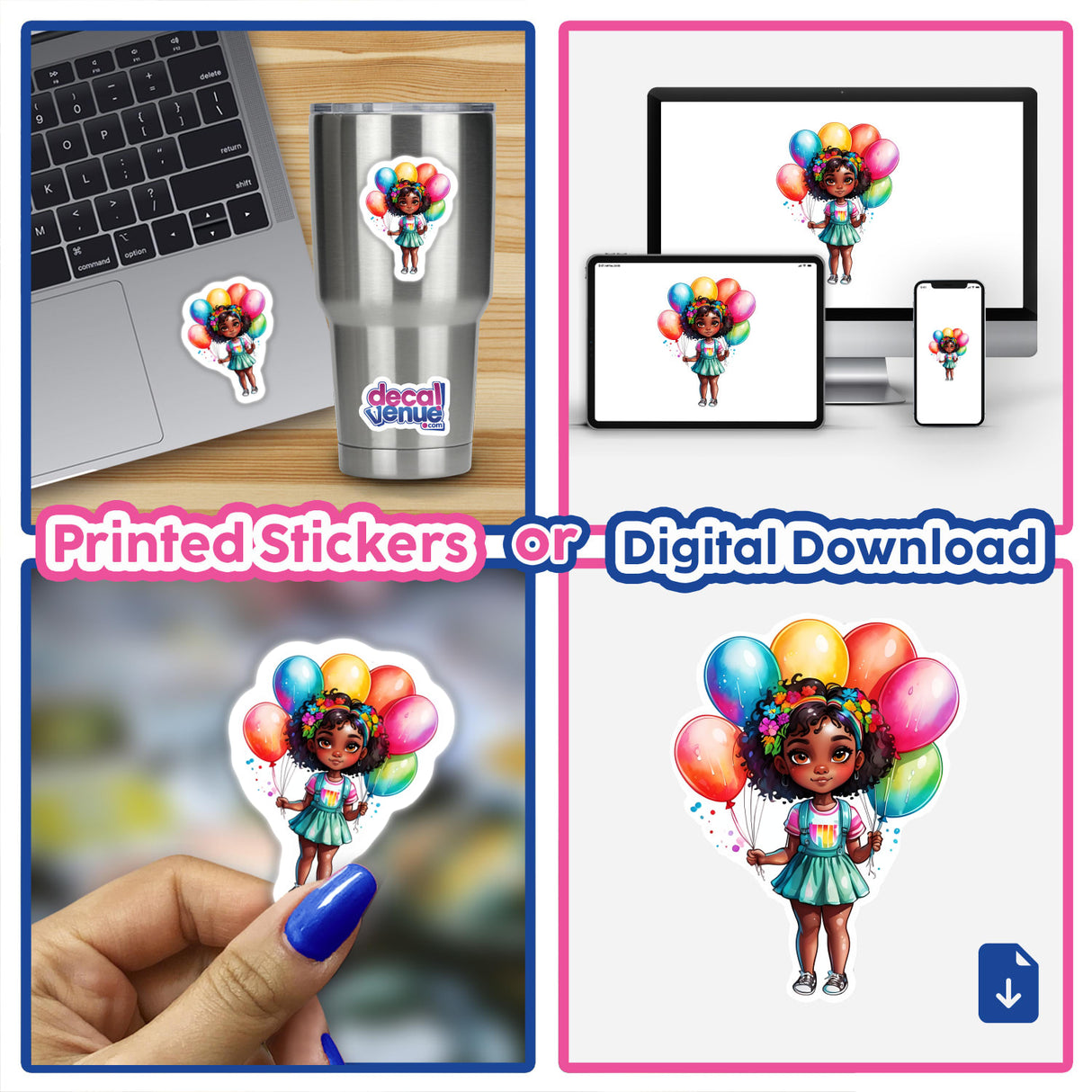 Birthday Joy: Cute Girl with Balloons Sticker, featuring a cartoon girl holding balloons. Available as stickers or digital artwork, perfect for laptops, cups, and more.