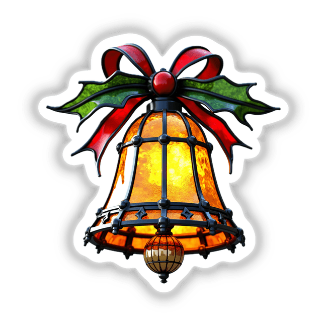 Christmas Bell Stained Glass Style: A close-up of a bell adorned with a bow, available as a sticker or digital artwork. Reflects Decal Venue's unique artistic aesthetic.