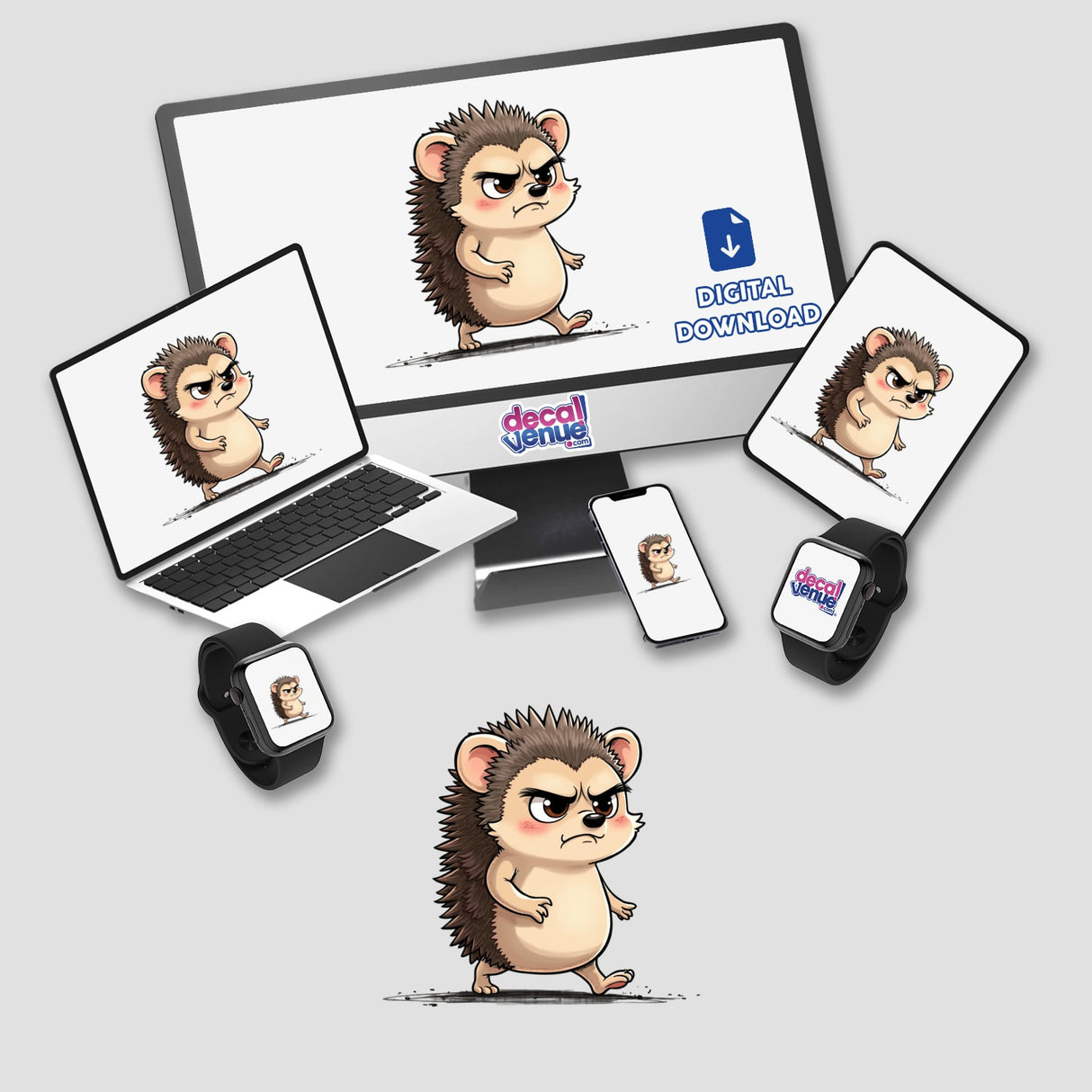 Cute Angry Hedgehog Cartoon Character displayed on a laptop and monitor, available as stickers or digital artwork from Decal Venue.