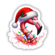 Santa Flamingo in Christmas Lights: A cartoon flamingo wears a Santa hat adorned with Christmas lights, available as stickers or digital artwork from Decal Venue.