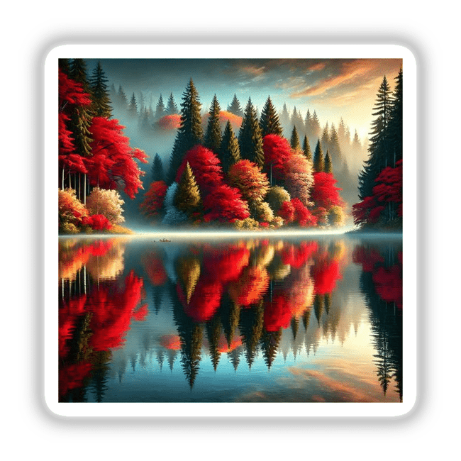 Autumn Reflection - A Lake Mirroring the Fall Colors: A serene painting showcasing a lake with trees and a sun reflection, available as stickers or digital artwork.