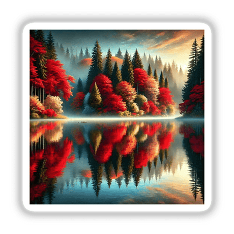 Autumn Reflection - A Lake Mirroring the Fall Colors: A serene painting showcasing a lake with trees and a sun reflection, available as stickers or digital artwork.