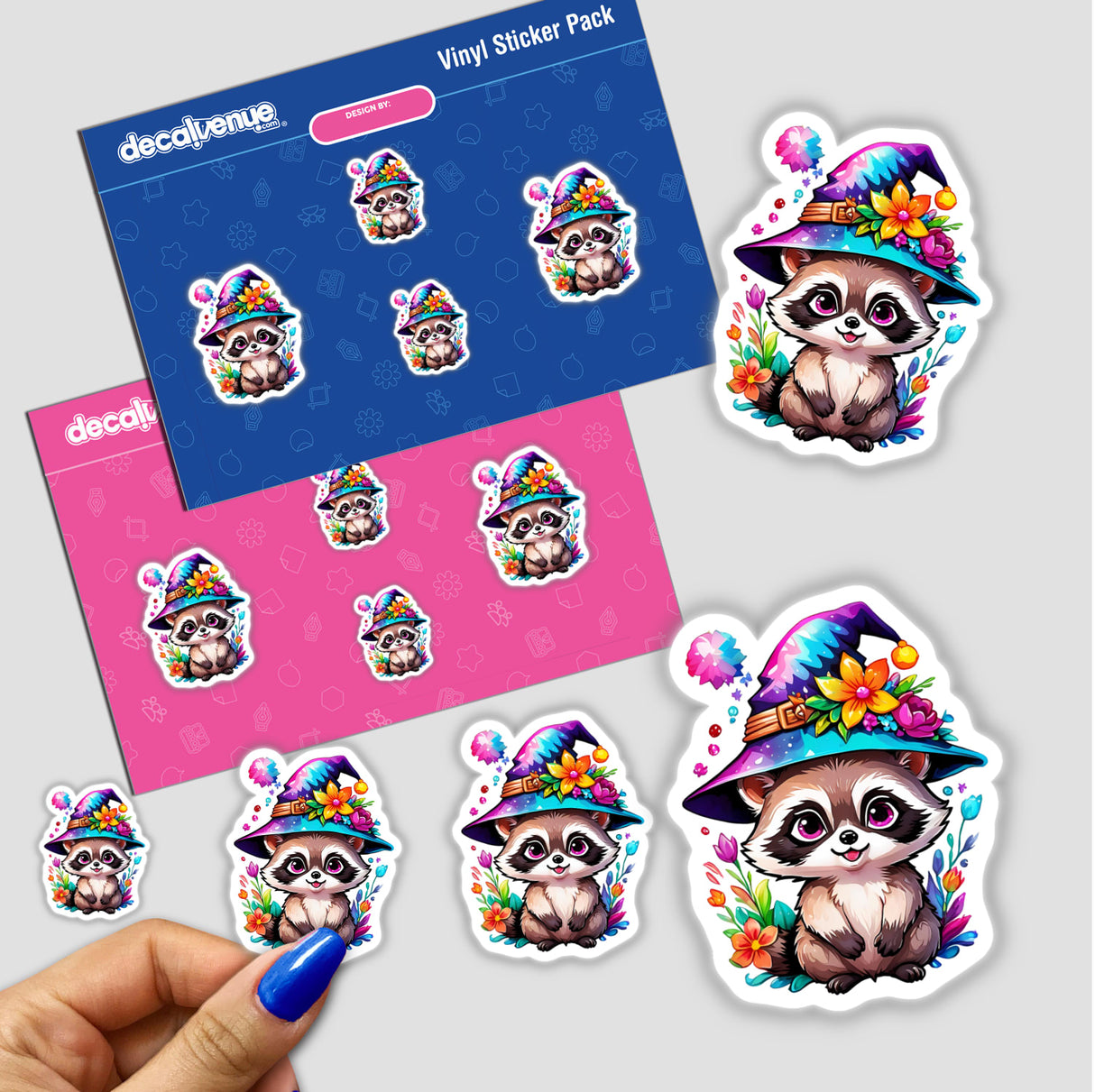 Tiny raccoon Witch stickers featuring a cartoon raccoon in various hats and surrounded by flowers.