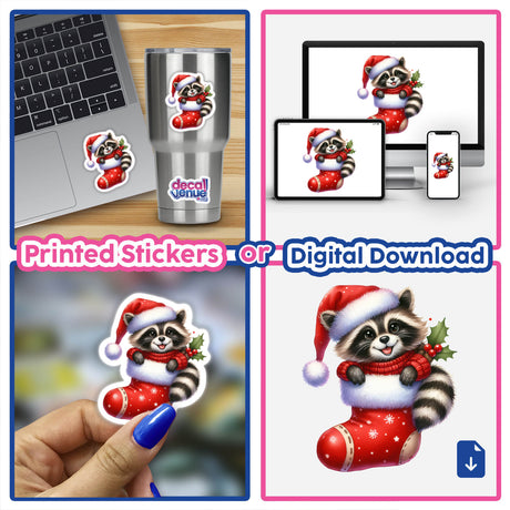 Peeking Santa Raccoon in Sweater Christmas Stocking features a cartoon raccoon in a Santa hat and sweater, holding a stocking, available as stickers or digital artwork.