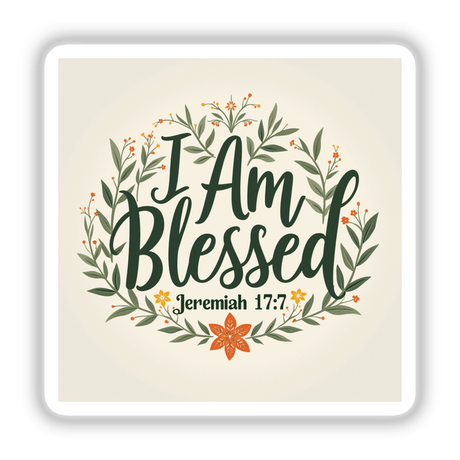 I Am Blessed - Jeremiah 17:7 | Faith-Based Sticker or Clipart features a floral wreath with green leaves and orange flowers, embodying spiritual inspiration available as stickers or digital artwork.