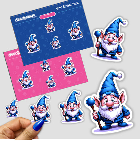 A Funny Magical Gnome sticker pack, featuring multiple cartoon gnomes holding staffs, available as vinyl stickers or digital artwork from Decal Venue.