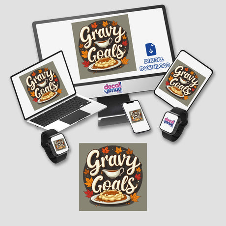 Gravy Goals Thanksgiving Sticker & Clipart featuring a digital design of a plate with food and gravy, shown on a laptop screen, ideal for unique sticker or digital artwork purposes.