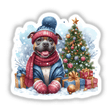 Bundled Up Christmas Pitbull Dog Portrait featuring a dog in a festive hat and scarf beside a Christmas tree with presents, available as unique stickers or digital artwork.