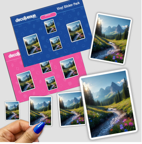 Stickers featuring an idyllic mountain stream with vibrant wildflowers and towering pines, capturing serene nature scenes. A close-up shows a hand holding the sticker, highlighting intricate details.