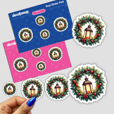 Festive Lantern in a Christmas Wreath sticker pack; features detailed stickers of wreaths with candles and holly, showcasing festive themes. Available as stickers or digital artwork from Decal Venue.