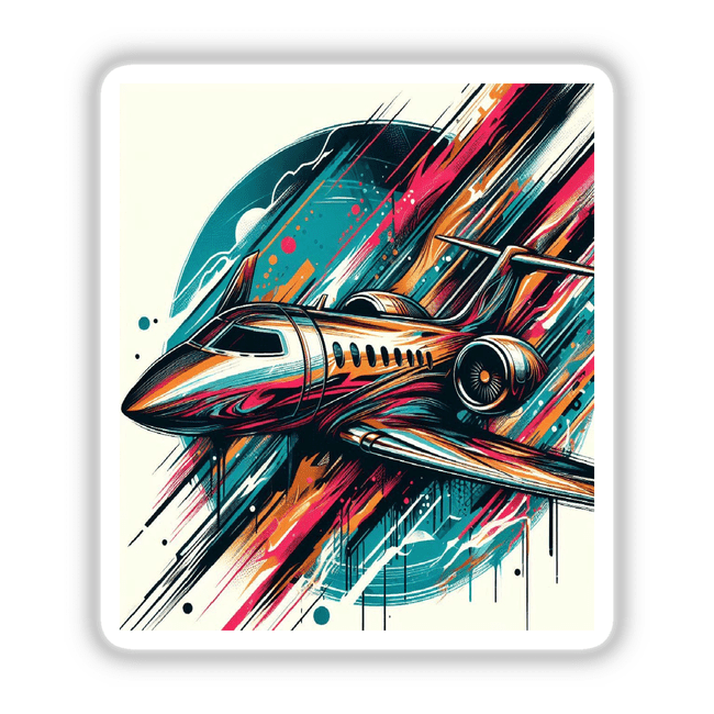 Vibrant digital artwork depicting a sleek Lear Jet aircraft in flight, surrounded by bold, colorful brush strokes and abstract elements.