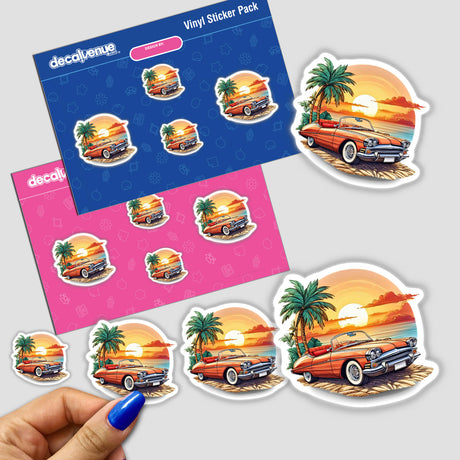 Classic car sunset - Retro vintage car at sunset on beach with palm trees, in vinyl sticker pack from Decal Venue store