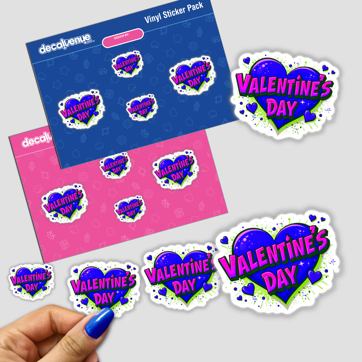 Valentine's Day Love Heart sticker, featuring text on heart-shaped designs, held by a hand. Part of Decal Venue's unique collection of stickers and digital artwork.