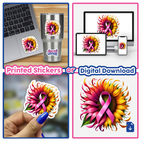 Collage featuring the Sunflower Pink Ribbon Breast Cancer design on various items, including a laptop, stickers, and digital artwork, emphasizing the pink ribbon and sunflower theme.