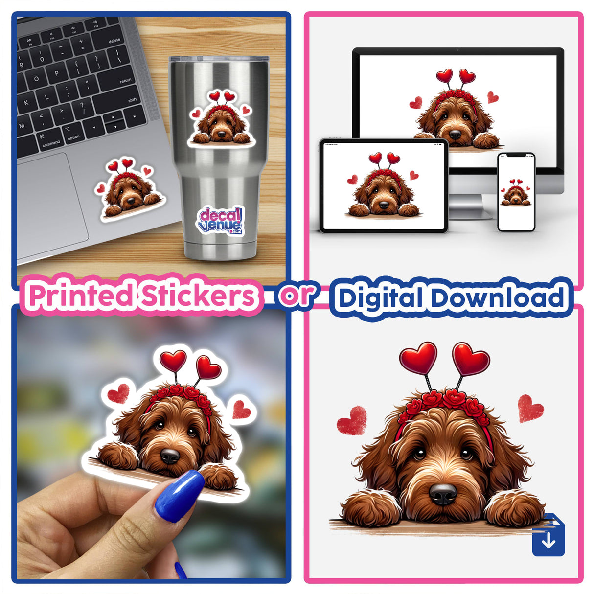 Peeking Brown Valentine Goldendoodle Dog features a charming Goldendoodle with a flower crown, available as a sticker or digital artwork, perfect for adding a cute, artistic touch to any surface.