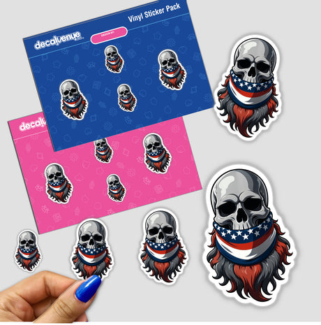 A Cool Skull With An American Flag Bandana sticker, featuring a bearded skull adorned with a red, white, and blue bandana. Available at Decal Venue as stickers or digital artwork.