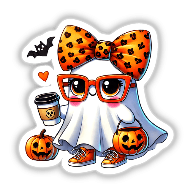 Cute Ghost with Orange Bow and Bat cartoon, featuring the ghost holding a coffee cup and pumpkin basket. Available as stickers or digital artwork.