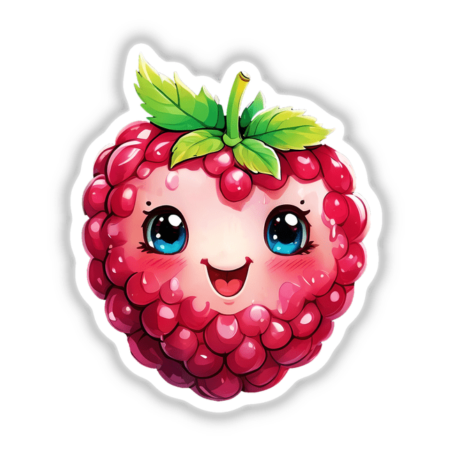 Smiling Raspberry Delight: A cartoon raspberry with a cheerful face, featuring expressive eyes and a heart-shaped mouth, available as stickers or digital artwork.