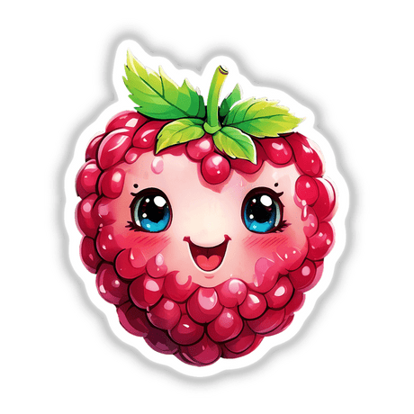 Smiling Raspberry Delight: A cartoon raspberry with a cheerful face, featuring expressive eyes and a heart-shaped mouth, available as stickers or digital artwork.