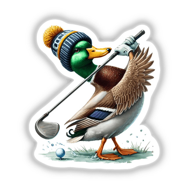 Golfing in Winter Mallard Duck: A cartoon duck in a knit hat holding a golf club, available as unique vinyl stickers or digital artwork from Decal Venue.